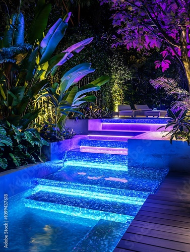 Illuminated Pool Steps at Night with Lush Tropical Foliage.