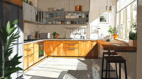 Stylish kitchen interior with modern furniture. Combination of watercolor and sketch vector illustration for architecture designs.