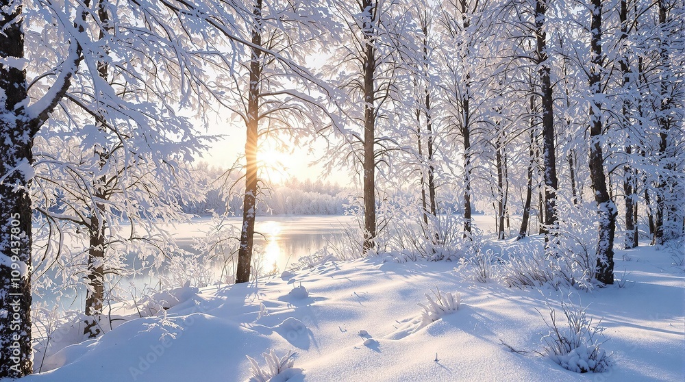 Obraz premium Frosty forest landscape with snow-covered trees, frozen lake in the background, and a warm sun peeking through the frost, natural beauty, frost