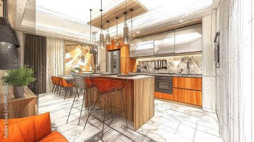 Stylish kitchen interior with modern furniture. Combination of watercolor and sketch vector illustration for architecture designs.