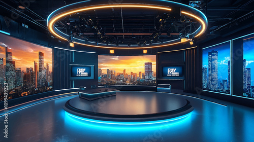 News Virtual set studio for footage Realize vision for a professional studio, Virtual TV Studio News background with a simple setup, a few square feet of space, and Virtual Set 3D Rendering.