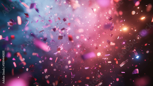 Neon spotlight stage background. Disco party projector light concert or show scene. Magic beam glow for nightclub or award winner with confetti glitter. Congratulation performance for celebrity