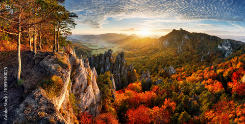 Panorama of mountains in the Sulov rocks Nature Reserves in the autumn in Slovakia, Europe