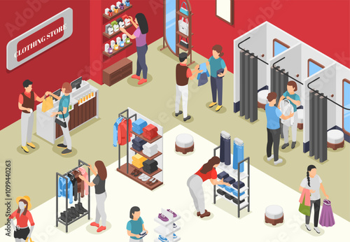Isometric fashion shopping. Clients in clothing store choose new outfits. Customers looking and fitting accessories, jackets, shoes, flawless vector scene