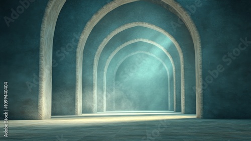 Digital illustration depicting an ethereal interior of a church with archways illuminated by soft light at dawn