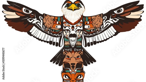 Totem pole tattoo design featuring an eagle, fox, wolf, beaver, and bear, intricately arranged in a vertical structure with bold lines and symbolic patterns, capturing a tribal and cultural aesthetic. photo