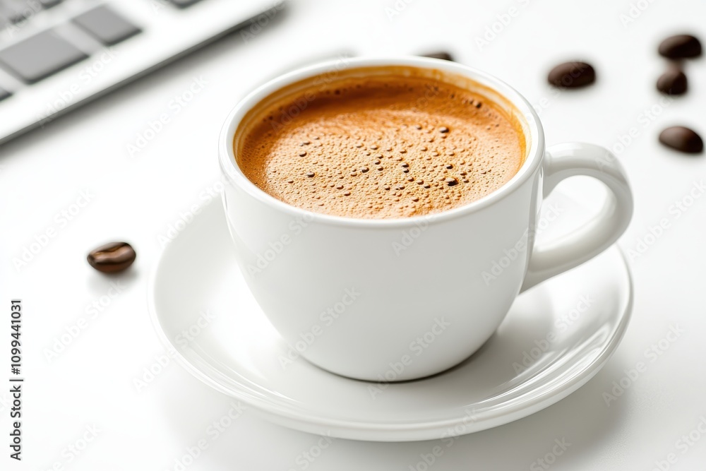 Clean Desk Setup with Laptop and Coffee on White Background Clean Desk Setup with Laptop and Coffee on White Background