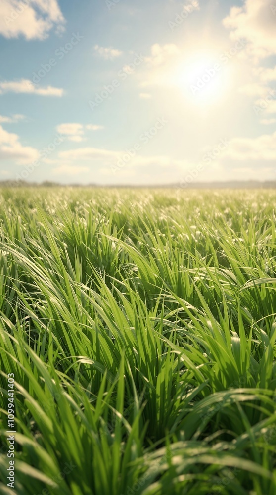 Obraz premium Natural grass with a blurred sun and a sunny sky, , natural grass, blurred bokeh, sun, sunny day