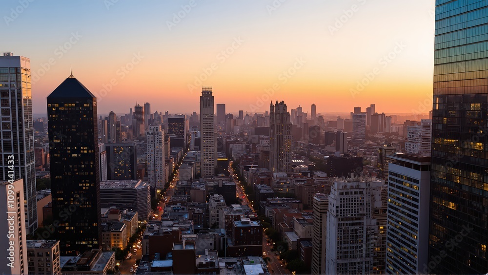 Fototapeta premium Generative AI, Modern Metropolis at Sunset with Reflective Skyscrapers
