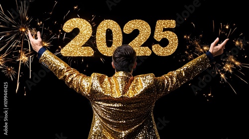 Man in a glittery gold jacket facing 2025 photo