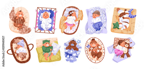 Cute babies sleep top view set. Adorable newborns in pajamas have a rest in bed. Happy asleep kids, infants lying on pillow under blanket. Flat isolated vector illustrations on white background