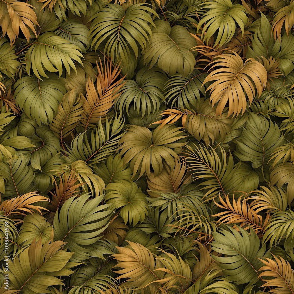 Obraz premium Severe seamless background of tropical leaves in shades of olive and terracotta , earthy tones, botanical prints, leafy greens, garden decor, foliage