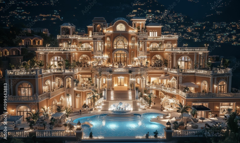 Fototapeta premium Grand illuminated mansion, pool, hillside view.