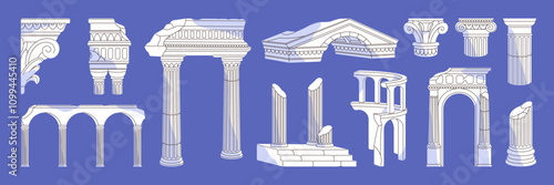 Ancient ruins set. Broken columns, arches of old Greek palaces. Damaged pillars, arcs of Roman buildings. Dilapidated Greece architecture, Rome bas reliefs, stucco. Flat isolated vector illustrations