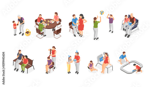 Isometric family. Parents with kids, children play with mother father or grandparents. People walking reading recreation together, flawless vector set