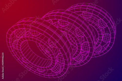 Roller bearing. Circular round rotating bearings used in industry for heavy equipment mechanical work and engineering. Wireframe low poly mesh vector illustration.