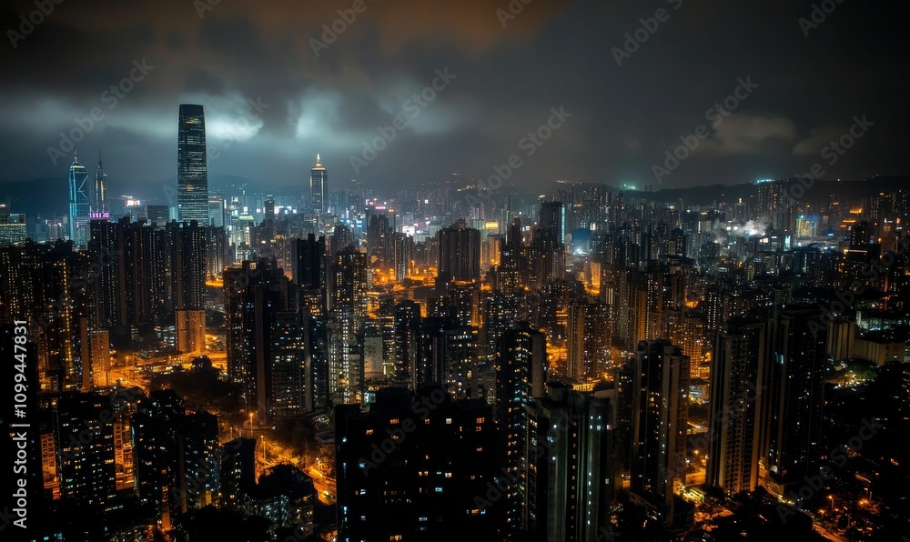 Obraz premium Night cityscape, skyscrapers, illuminated city.