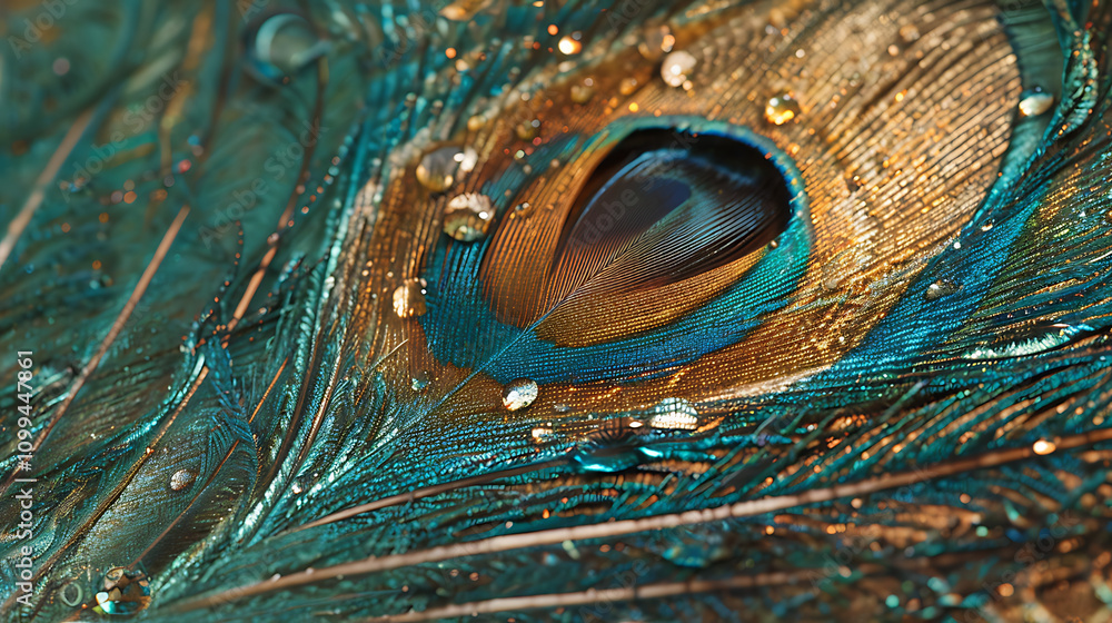 Fototapeta premium Macro Capture of a Stunning Peacock Feather with Vivid Turquoise and Golden Hues, Showcasing Intricate Patterns and Water Droplets for Nature Lovers