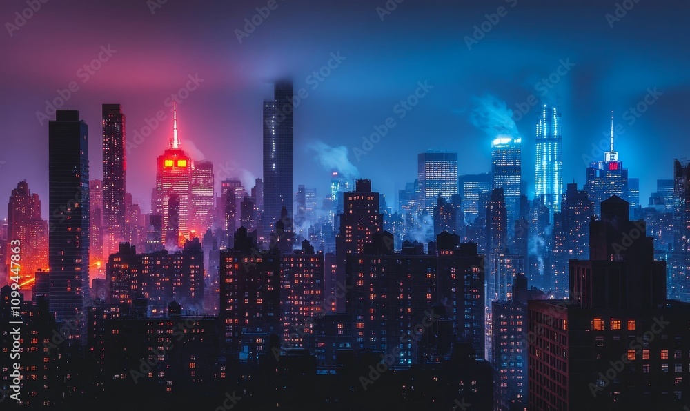 Obraz premium Night city skyline, vibrant colors, fog.