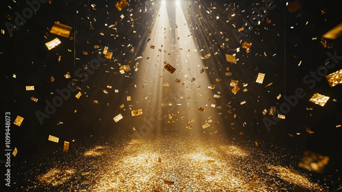Modern Abstract Award Background. Winner Champion Gold Confetti Entry Template Design. Stage with Event Lights. Success Banner with Center Highlight.