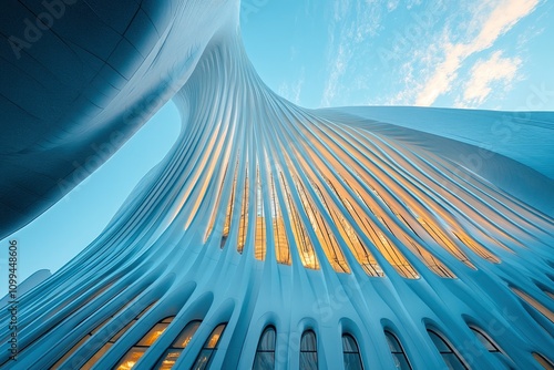 A futuristic architectural structure with flowing lines and large windows reflecting light.