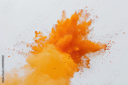 Explosion of orange powder splattering with freeze. Abstract dust splatte. Generative AI tools
