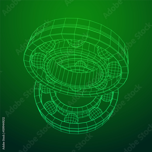 Roller bearing. Circular round rotating bearings used in industry for heavy equipment mechanical work and engineering. Wireframe low poly mesh vector illustration.