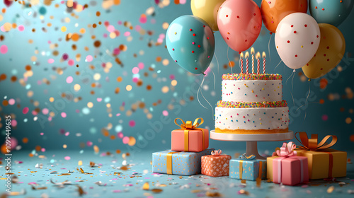 Obraz na płótnie A whimsical cartoon-style illustration featuring vibrant birthday balloons in various shapes and colors floating above a festive table filled with wrapped presents and a multi-tiered cake. w salonie