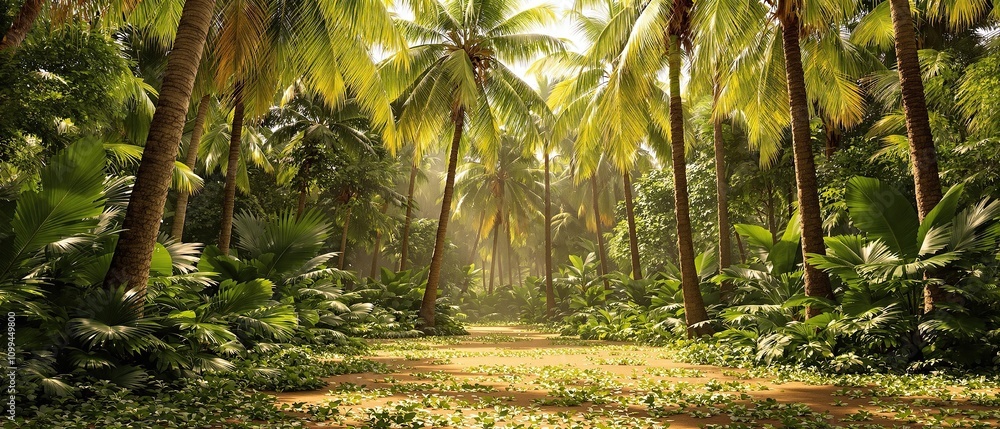 Fototapeta premium Palm leaves scattered on the ground in a tropical clearing, outdoor, green, tropical, nature