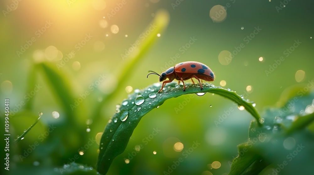 Naklejka premium Crystal Raindrops and a Ladybug’s Journey: A Hyper-Realistic Macro World
