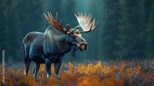 Fototapeta Naklejka Na Ścianę i Meble -  Majestic Moose Amid Autumn Woodland Scenery with Antlers Raised