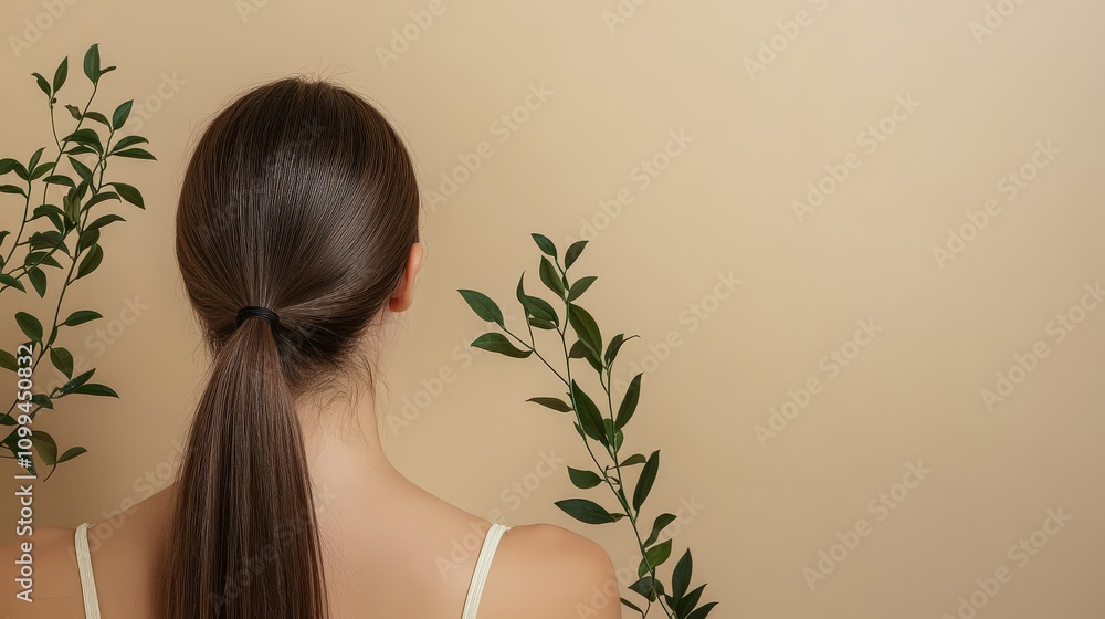 Naklejka premium Woman With Long Brown Hair And Plants