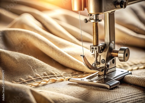 Closeup of a Sewing Machine in Action with Beige Fabric Highlighting Precision and Craftsmanship in Product Photography photo