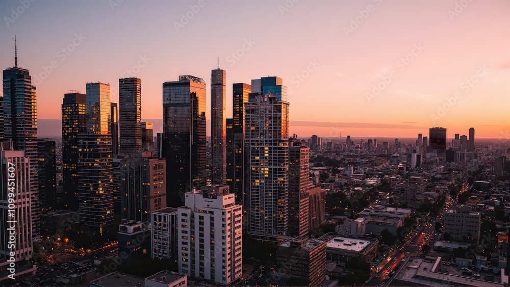 Fototapeta premium Generative AI, Modern Metropolis at Sunset with Reflective Skyscrapers
