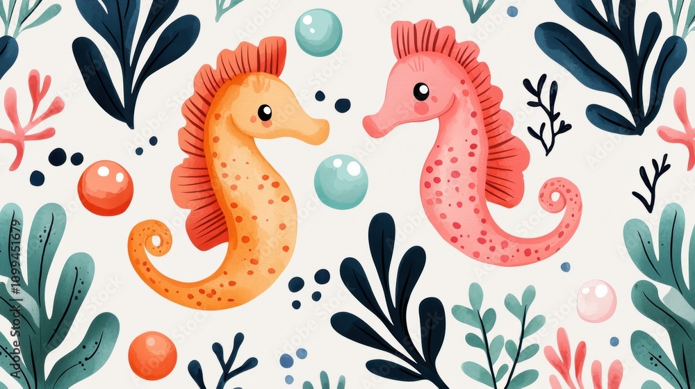 Obraz premium A whimsical underwater watercolor featuring a cute pastel seahorse surrounded by bubbles and marine plants