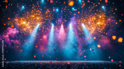 Neon spotlight stage background. Disco party projector light concert or show scene. Magic beam glow for nightclub or award winner with confetti glitter. Congratulation performance for celebrity