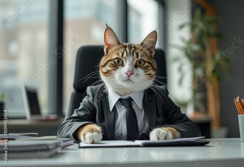 Cat businessman in office. Concept of animals doing human job. Funny illustration of professions, playful vision of professionnals. photo