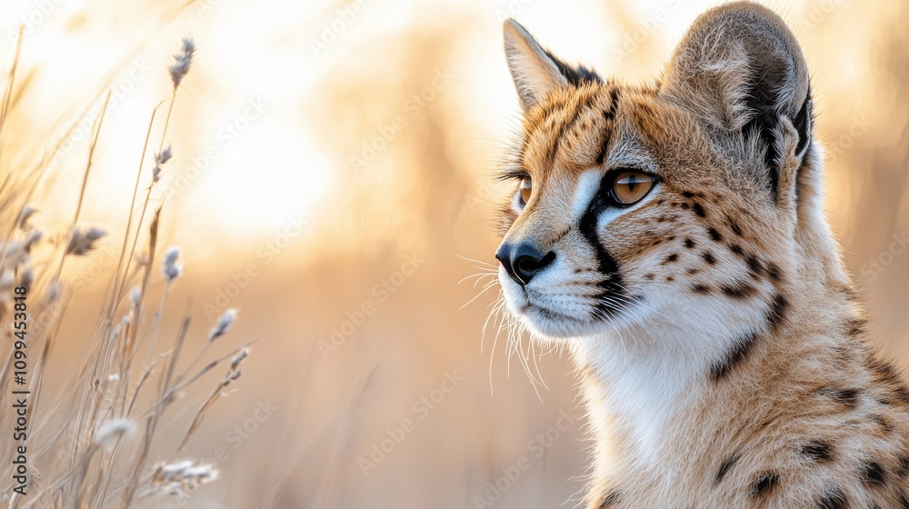 Fototapeta premium Cheetah stalking in golden savanna with alert expression