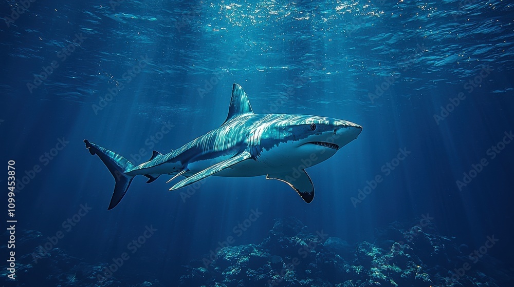 Fototapeta premium Powerful Great White Shark Gliding Through the Mysterious Blue Depths of the Ocean