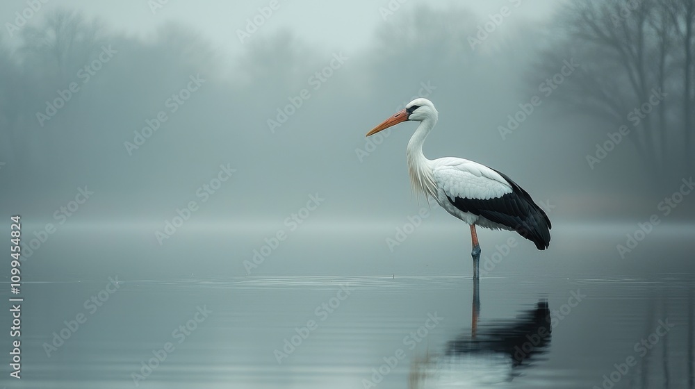 Obraz premium Lone Stork Standing Reflected in Tranquil Misty Pond Landscape