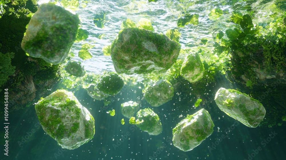 Fototapeta premium Underwater view of floating green algae ocean environment nature peaceful atmosphere aquatic life concept