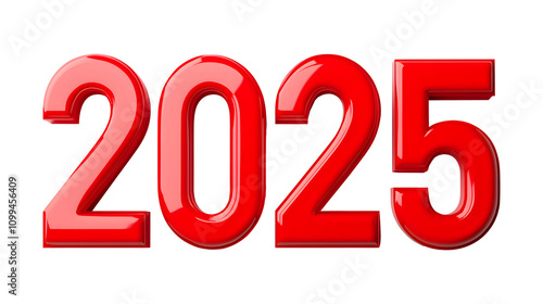 Bold and vibrant 2025 text in 3D, rendered in a striking red color on transparent background