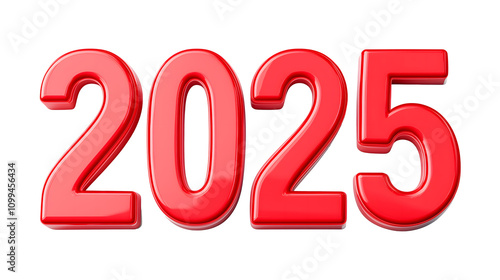 Bold and vibrant 2025 text in 3D, rendered in a striking red color on transparent background