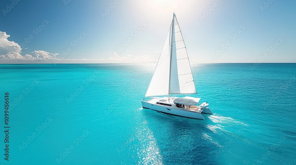 Fototapeta premium White catamaran sailing on turquoise ocean under bright sun.