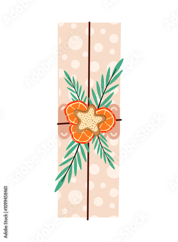 Christmas gift in craft paper with decorations. Decorated with orange slices, ginger cookies, berries and willows branch. Rustic gift box. Eco decoration Gift box. Vector flat illustration.