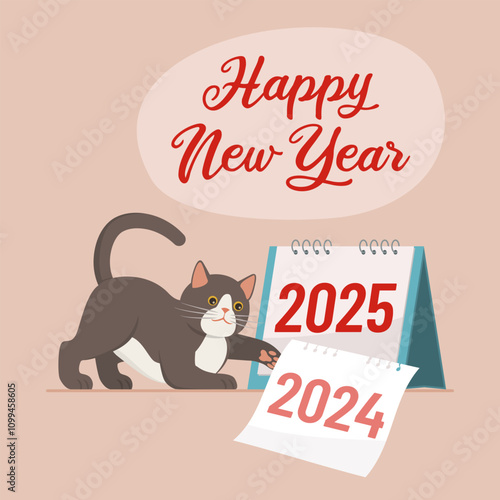 Happy cat tearing the calendar page and showing the New Year