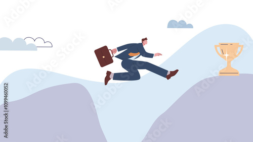 Office man jumps from mountain to mountain for golden cup. Over abyss businessman jump, business male character overcoming difficulties, vector concept