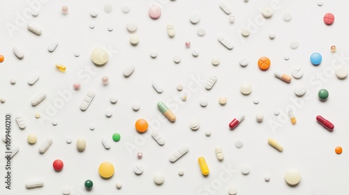 Close-up of a variety of medications and pills arranged in a clean, artistic pattern on a white surface, Scientific style