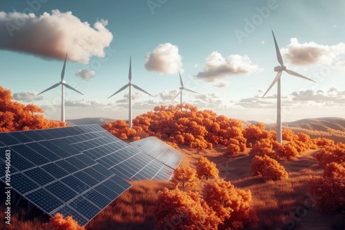 Renewable energy transformation solar panels and wind turbines scenic hills digital art vibrant autumn a futuristic perspective photo