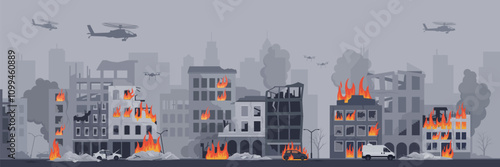 Military helicopters and drones flying over the city after the bombing